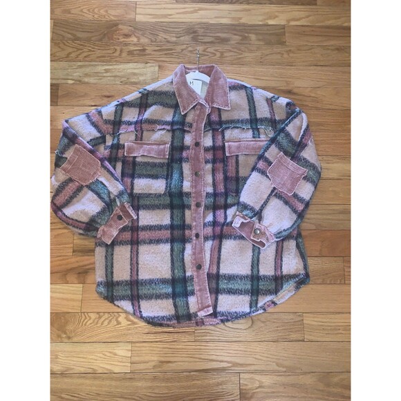 POL Brand Pink Fuzzy Plaid Corduroy Patchwork Shacket  -  Jacket-Size M - Picture 1 of 9